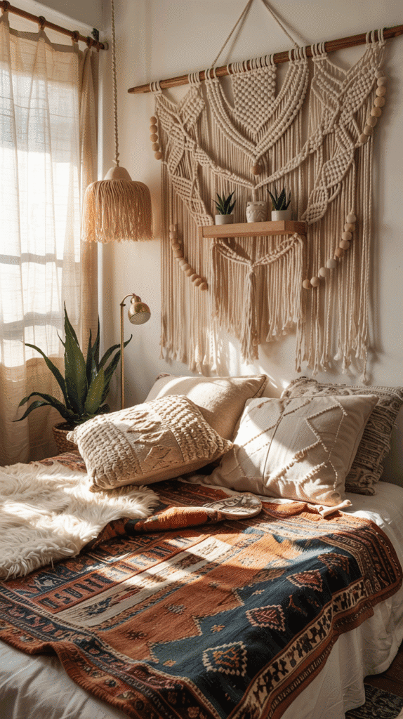Bohemian vibe in dusty pink bedroom ideas with eclectic textures and styles