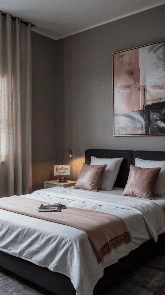 Modern elegance in dusty pink bedroom ideas paired with grey for a balanced aesthetic