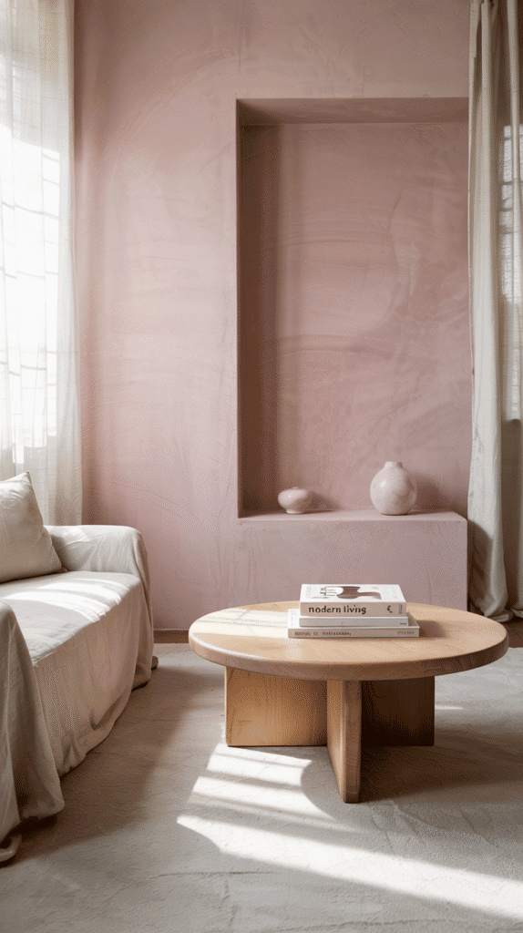 Dusty pink bedroom ideas with an accent wall and natural elements for warmth and texture