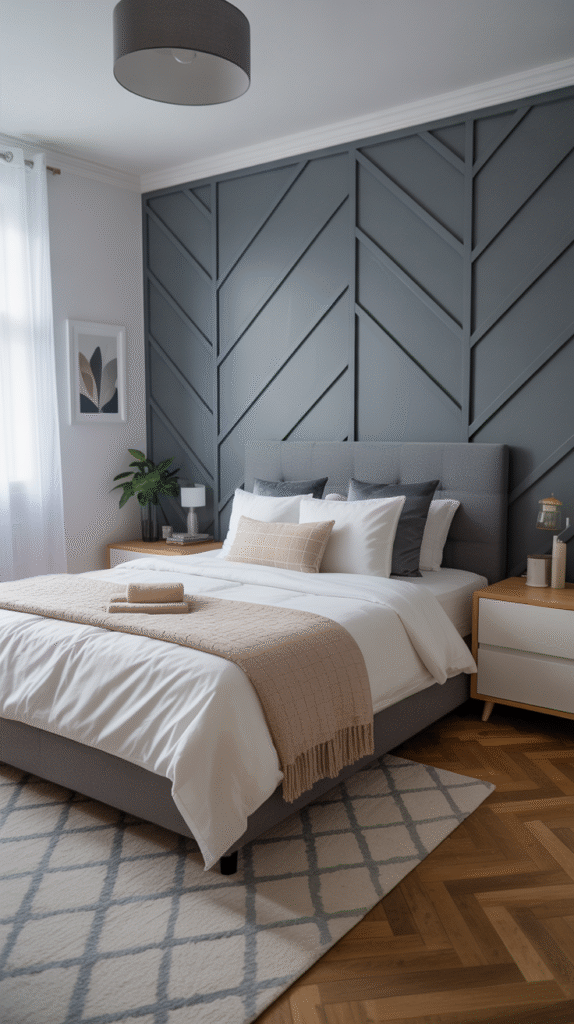 Grey bedroom ideas for teenage girl showing peel-and-stick wallpaper accent wall creating stunning visual impact