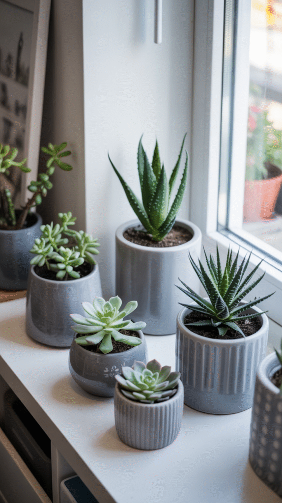 Fresh grey bedroom ideas for teenage girl featuring low-maintenance succulents in matching grey planters