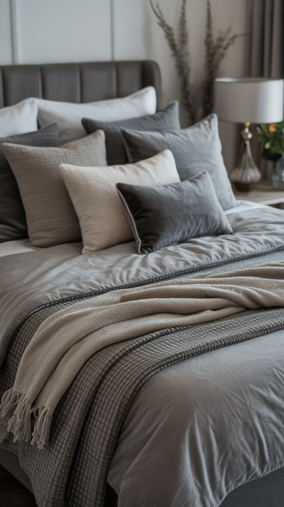 Layered grey bedroom ideas for teenage girl featuring multiple grey tones and textures in bedding arrangement
