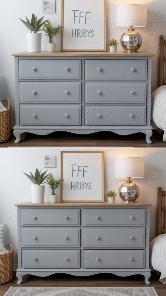 DIY grey bedroom ideas for teenage girl showing furniture makeover with grey chalk paint transformation