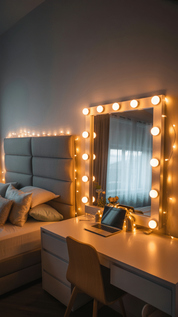 Ambient grey bedroom ideas for teenage girl featuring string lights creating cozy and Instagram-worthy lighting