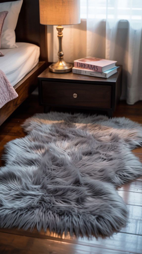 Luxurious grey bedroom ideas for teenage girl with soft faux fur rug adding comfort and style