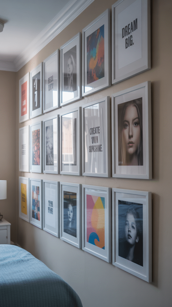 Creative grey bedroom ideas for teenage girl displaying gallery wall with grey frames and motivational artwork