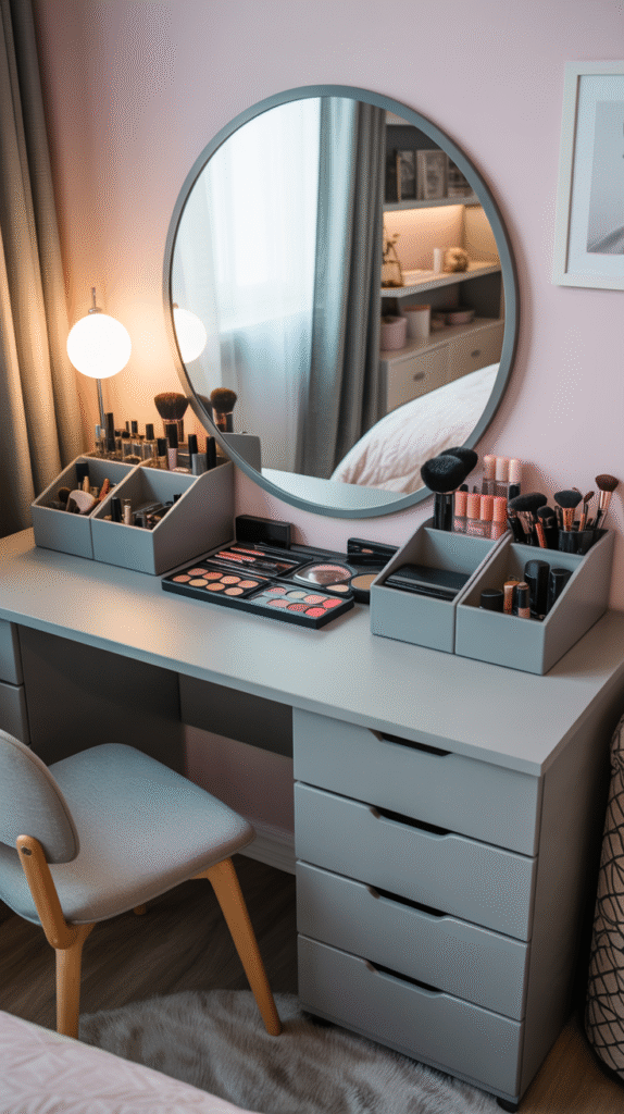 Organized grey bedroom ideas for teenage girl featuring functional vanity area with grey storage solutions