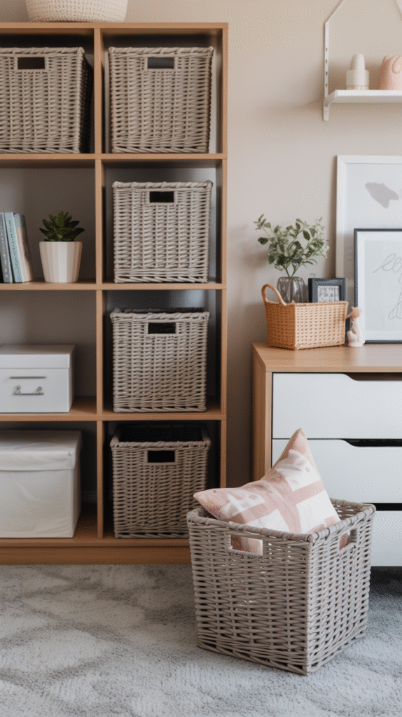 Practical grey bedroom ideas for teenage girl using woven storage baskets for stylish organization