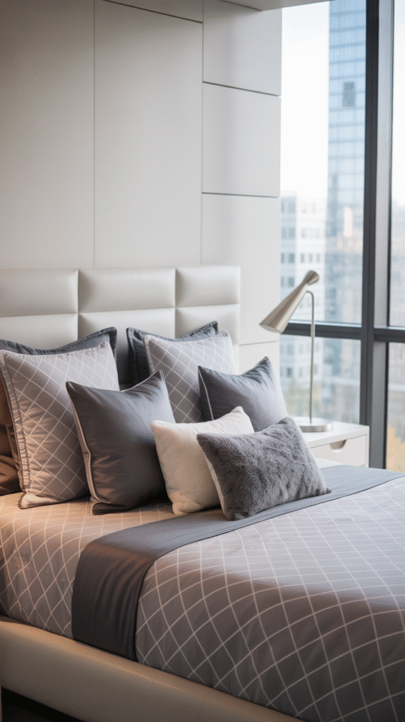 Modern grey bedroom ideas for teenage girl incorporating geometric patterns in bedding and decor