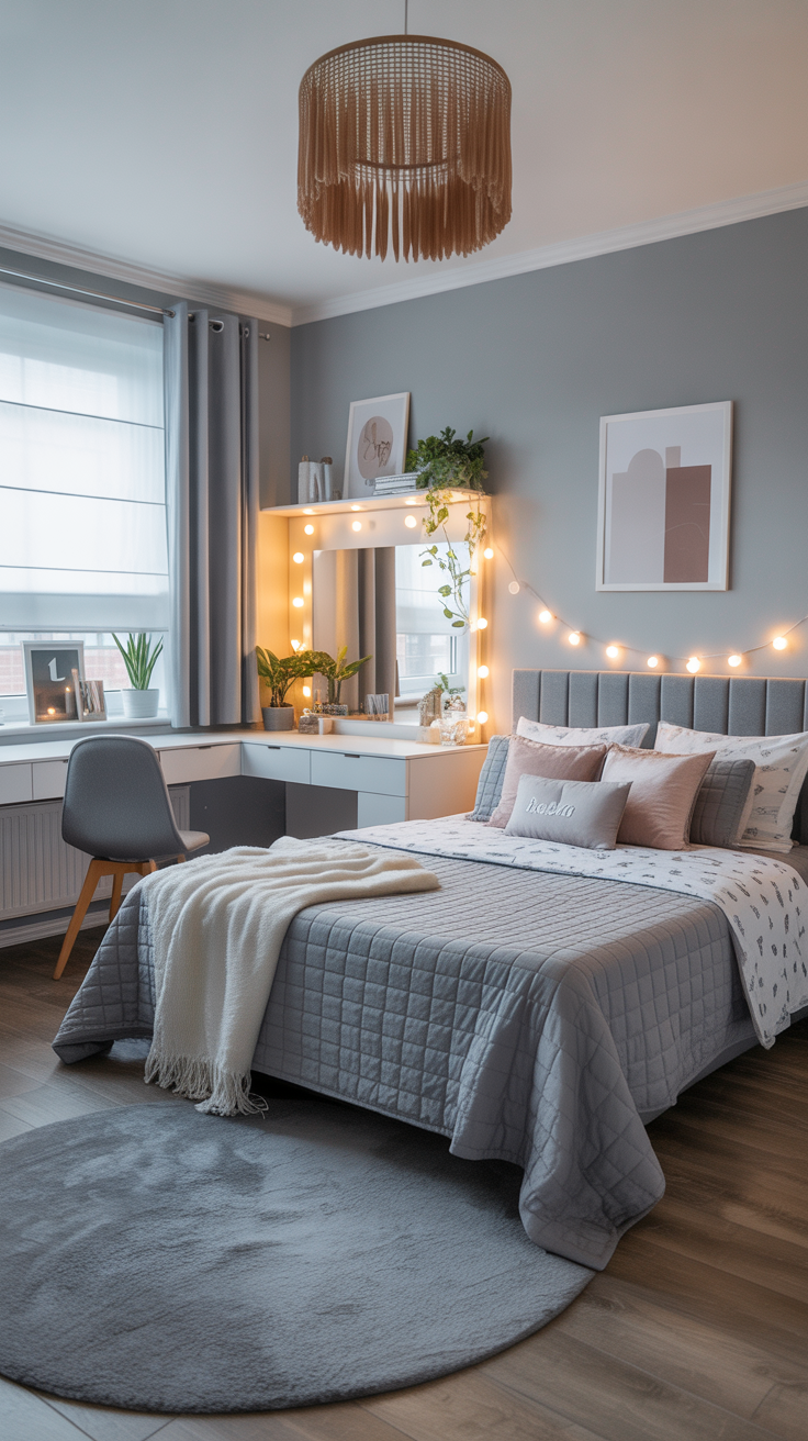 Stylish grey bedroom ideas for teenage girl featuring modern decor, cozy bedding, and aesthetic interior design on a budget