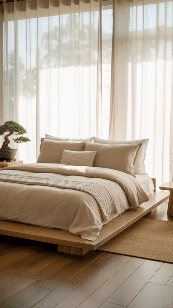 Low platform bed in japandi bedroom interior design with calming neutral palette