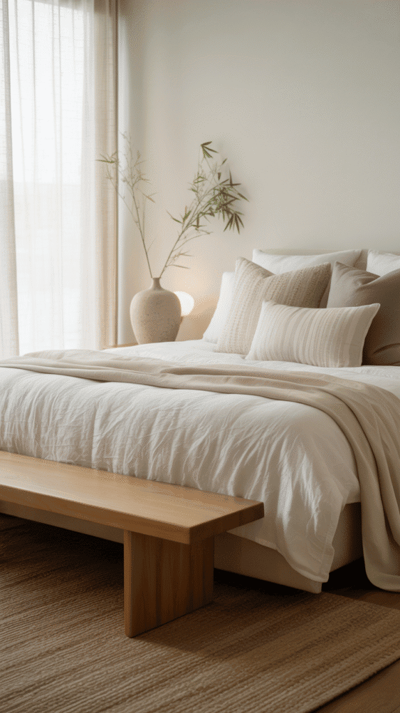 Japandi bedroom interior design featuring bench at bed’s foot for style and functionality