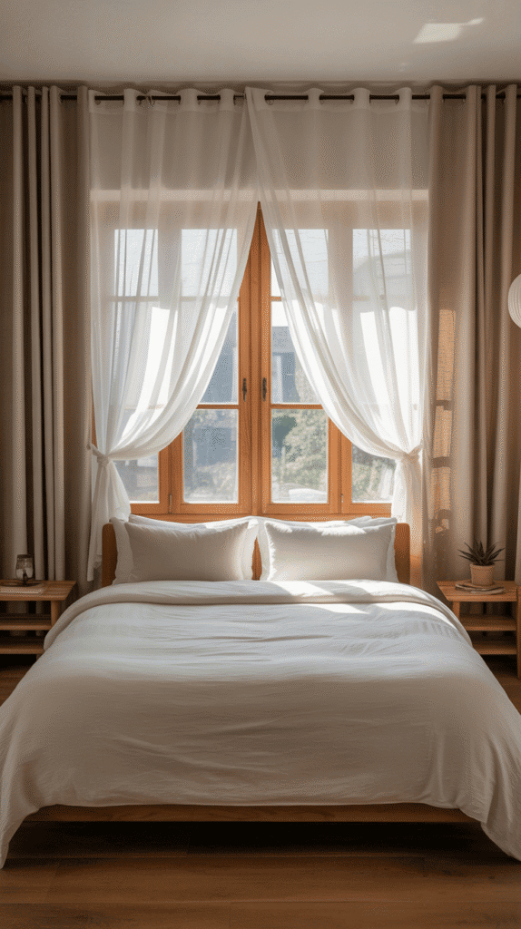 Layered window curtains in japandi bedroom interior design softening light and texture