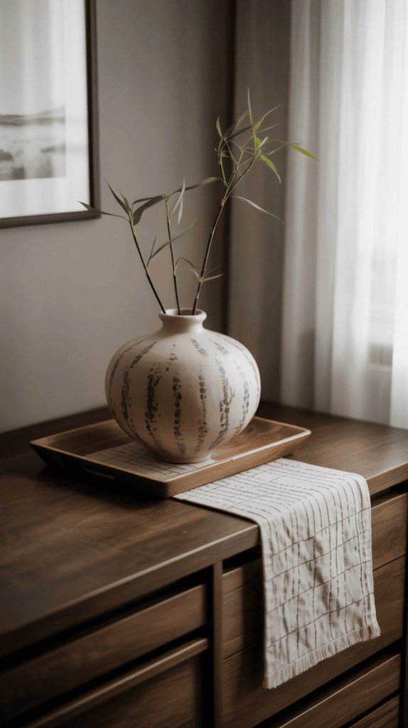 Organic decor accents in japandi bedroom interior design with ceramics and wood details