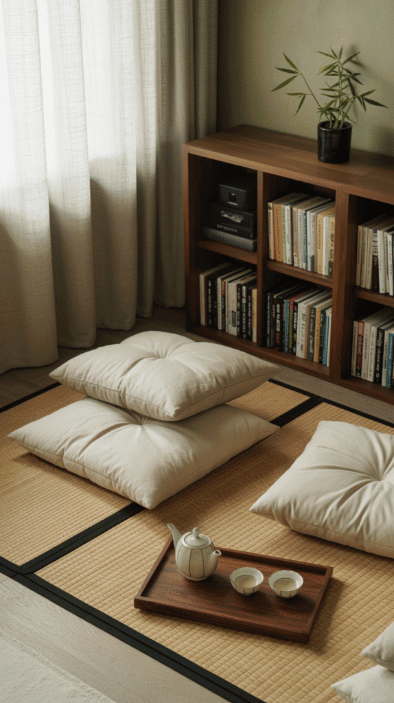 Floor seating area in japandi bedroom interior design featuring tatami-style comfort