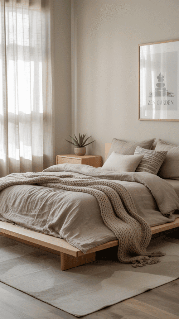 Earth-toned color palette used in japandi bedroom interior design