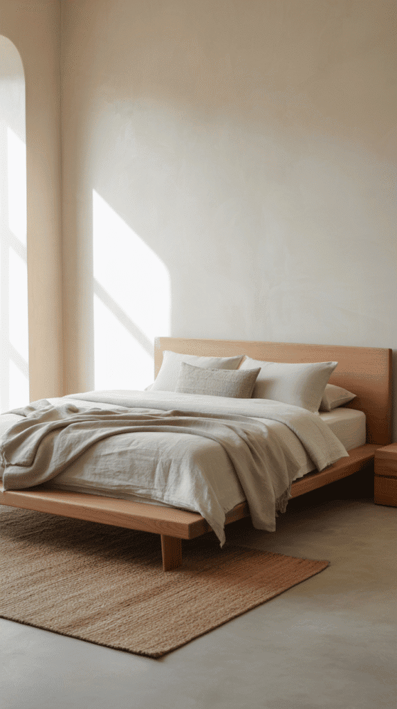 Japandi bedroom interior design featuring tatami-inspired natural woven rug