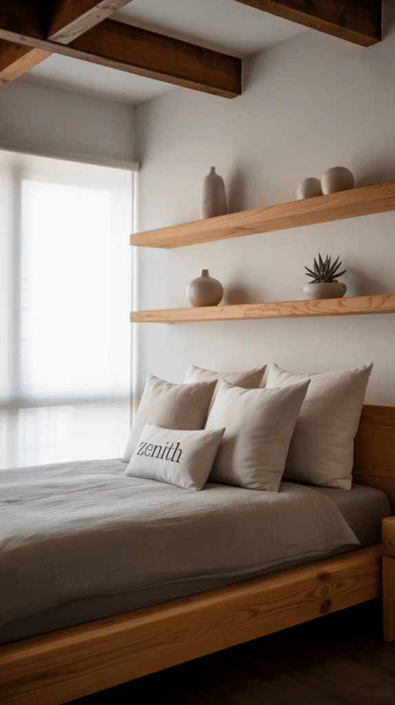 Natural wood decor in japandi bedroom interior design for a warm, grounded look