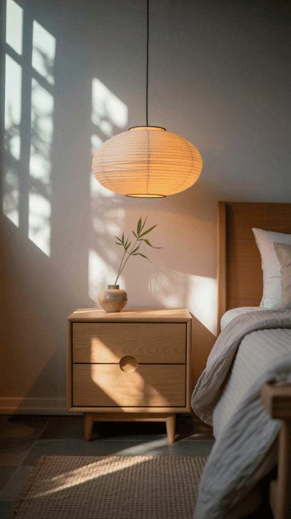 Japandi bedroom interior design with soft ambient lighting from paper lanterns