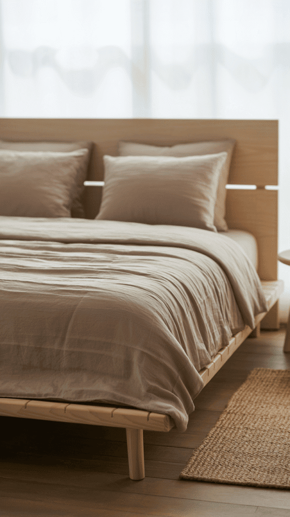 Linen duvet in japandi bedroom interior design with soft, relaxed bedding aesthetic