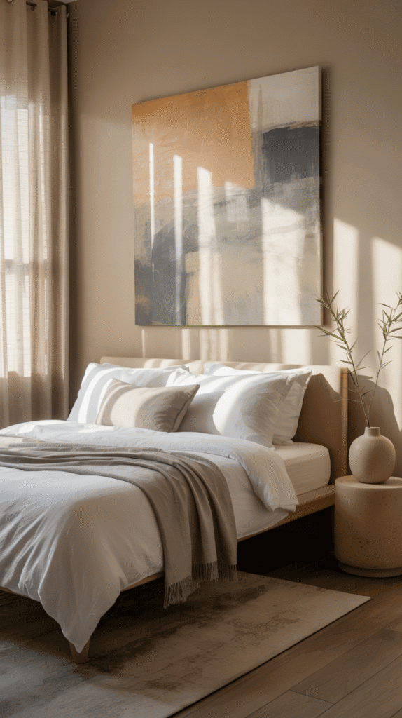Minimal wall art in japandi bedroom interior design creating a calm, balanced atmosphere