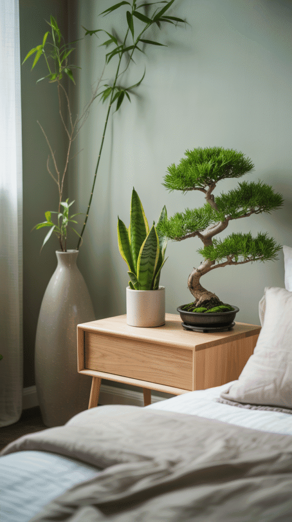 Japandi bedroom interior design with indoor plants adding calm and greenery