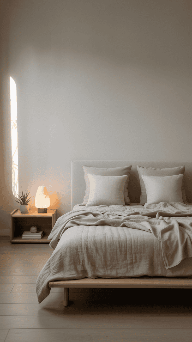 Cozy japandi bedroom interior design with warm minimalist decor and natural elements