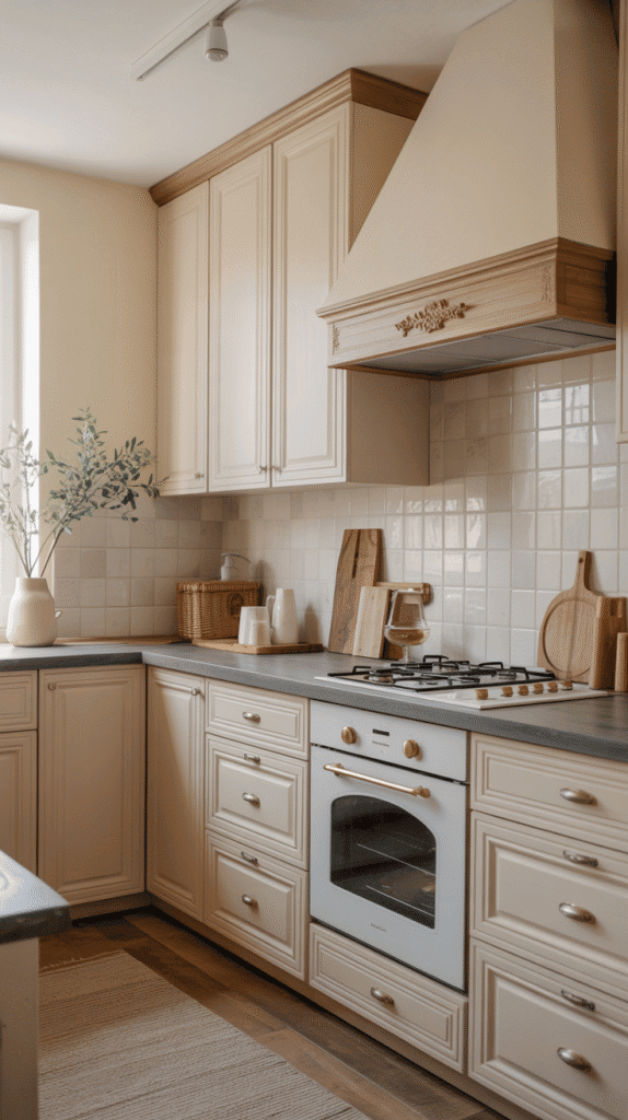 Neutral color palette japandi interior design kitchen with layered whites, beiges, and natural wood tones