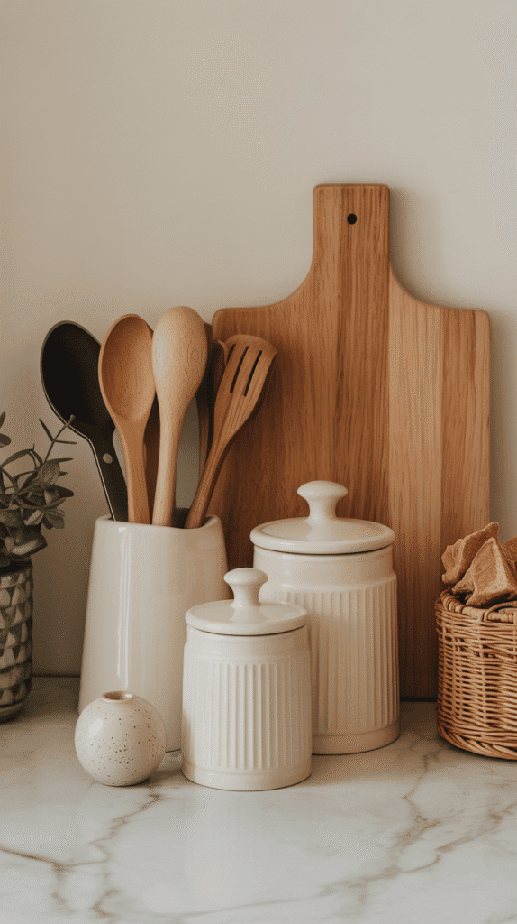 Functional beauty in japandi interior design kitchen with curated essential items serving dual purposes
