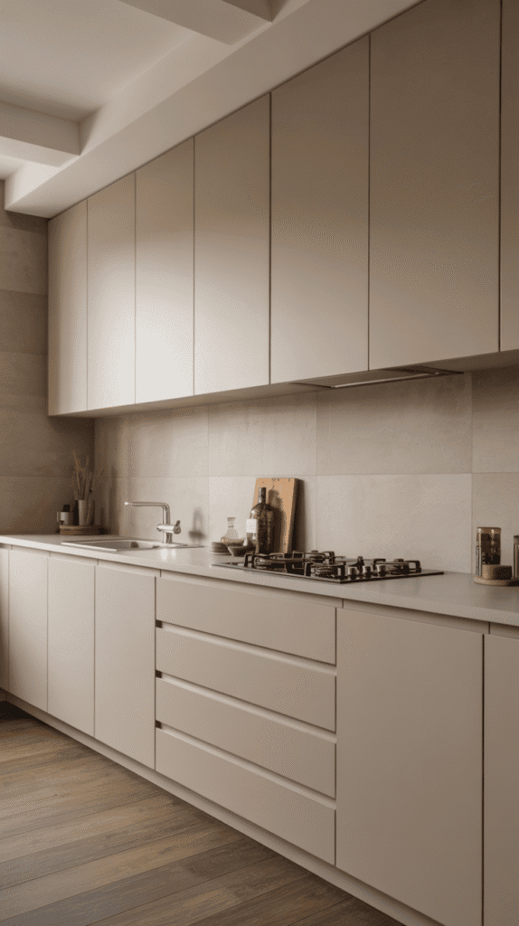 Clean-lined handleless cabinets in japandi interior design kitchen with hidden hardware and minimalist style