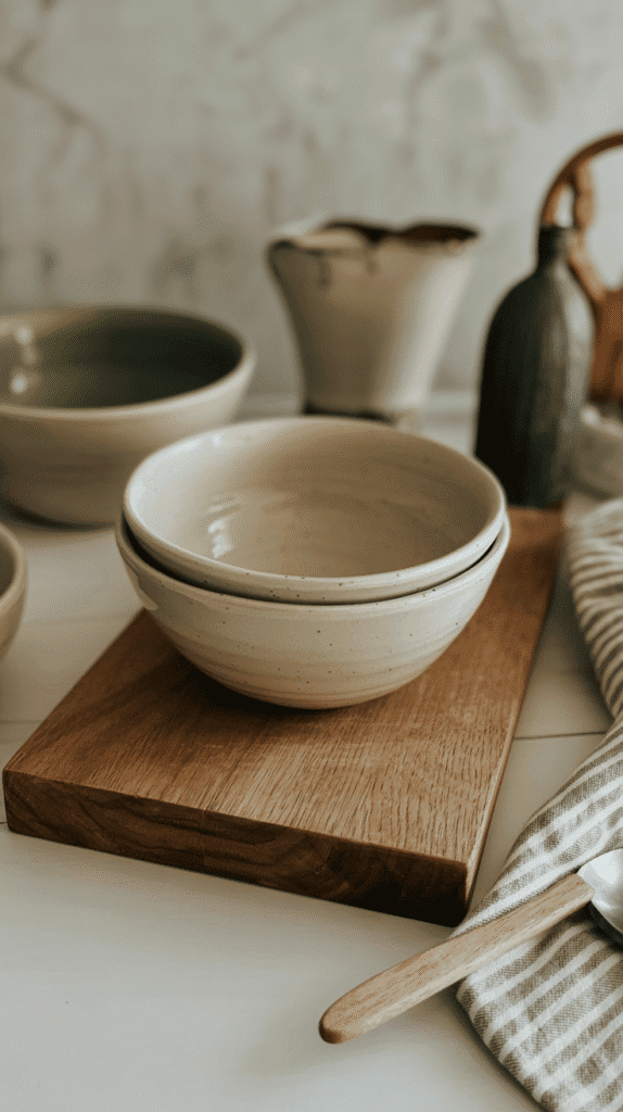 Wabi-sabi elements in japandi interior design kitchen featuring handcrafted ceramics and weathered wood