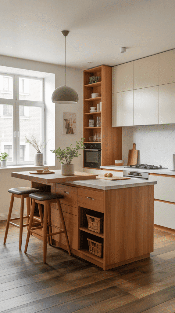 Multi-functional furniture in japandi interior design kitchen with storage-integrated island and versatile pieces