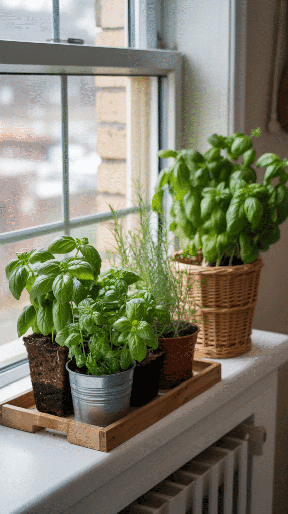 Living plants and herbs in japandi interior design kitchen bringing natural elements indoors