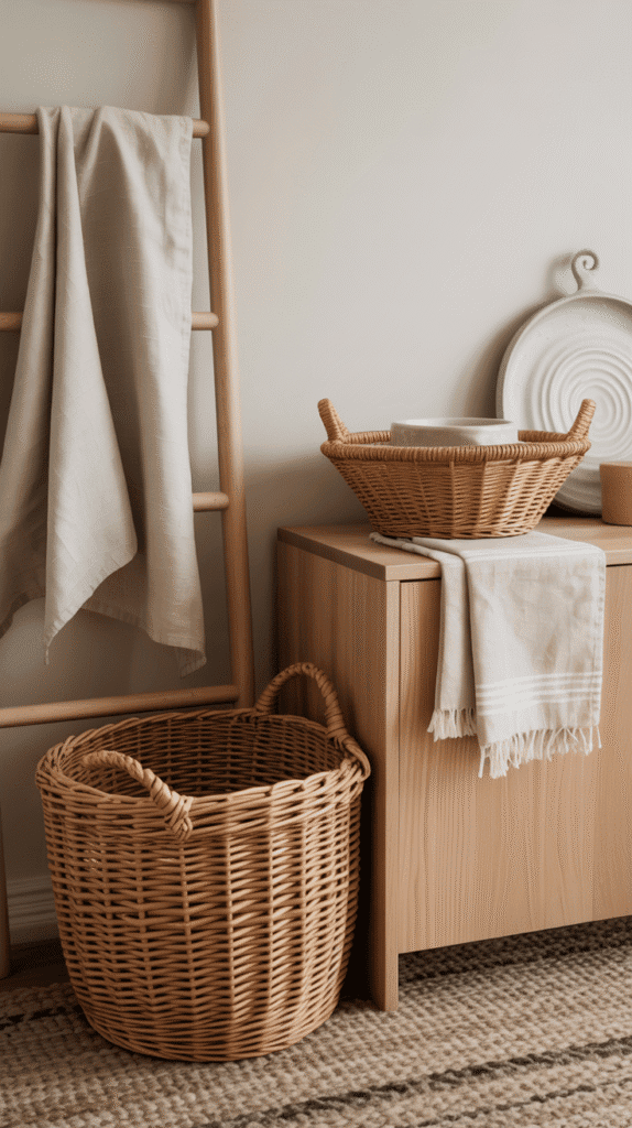 Layered textures in japandi interior design kitchen with linen, woven materials, and natural fibers