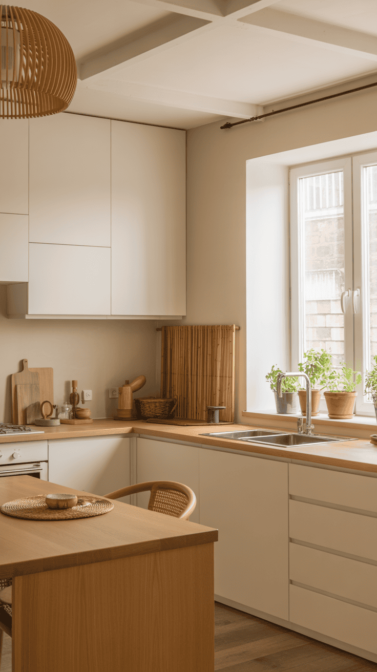 Beautiful japandi interior design kitchen featuring clean lines, natural materials, and serene minimalist aesthetic