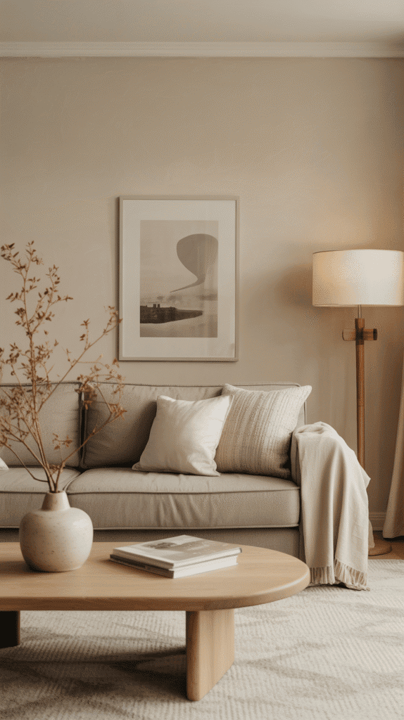 Japandi interior design living room with perfect neutral color palette of warm beiges, soft grays, and cream whites
