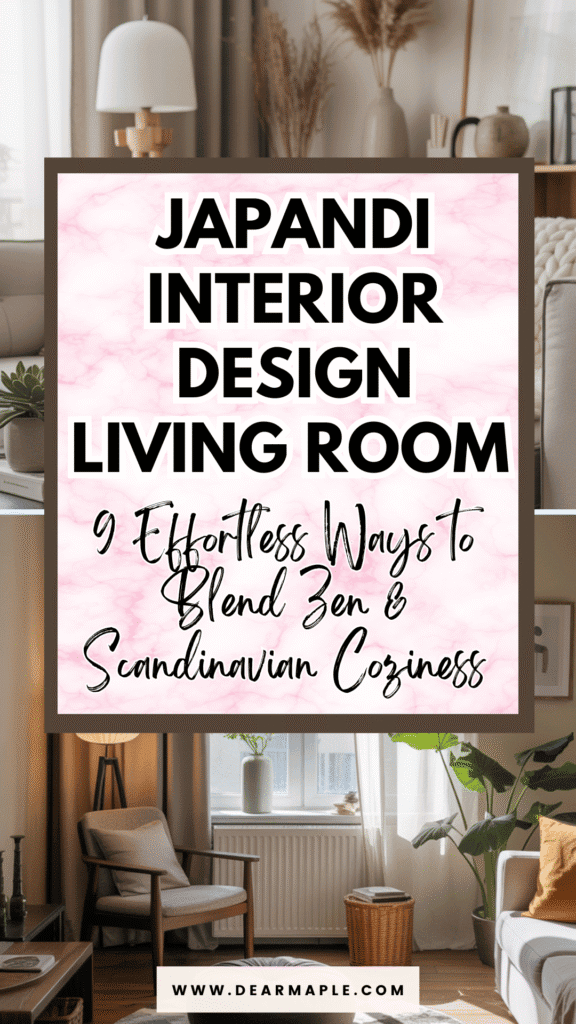 Pinterest pin of japandi interior design living room