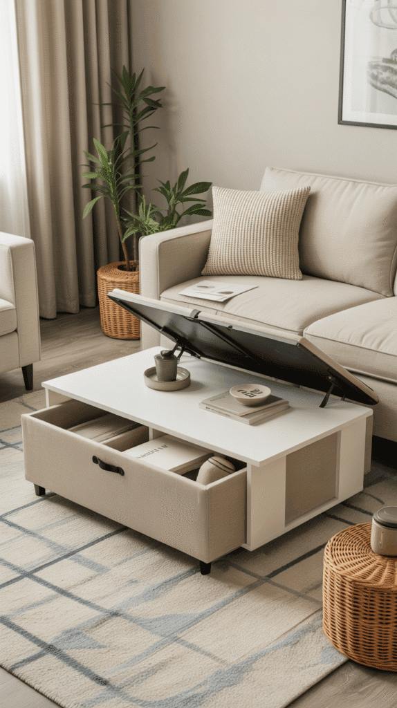 Multi-functional storage ottoman and convertible coffee table in japandi interior design living room showcasing practical elegance