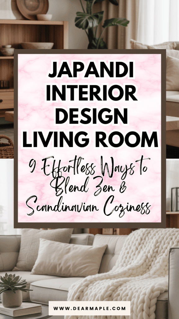 Pinterest pin of japandi interior design living room