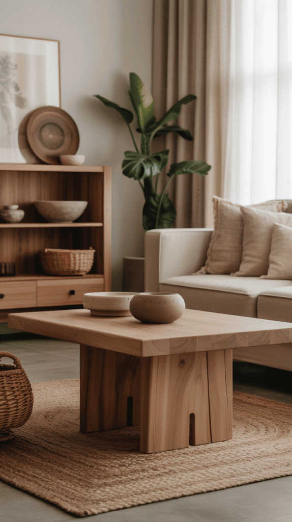 Natural materials including raw wood, stone, and woven textures in japandi interior design living room creating organic warmth