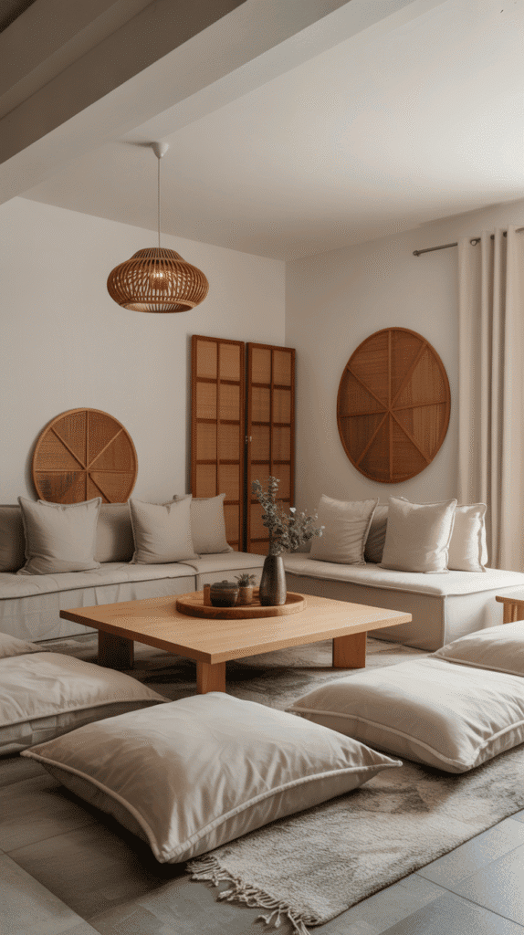Cozy floor cushions and oversized throw pillows creating intimate seating in japandi interior design living room