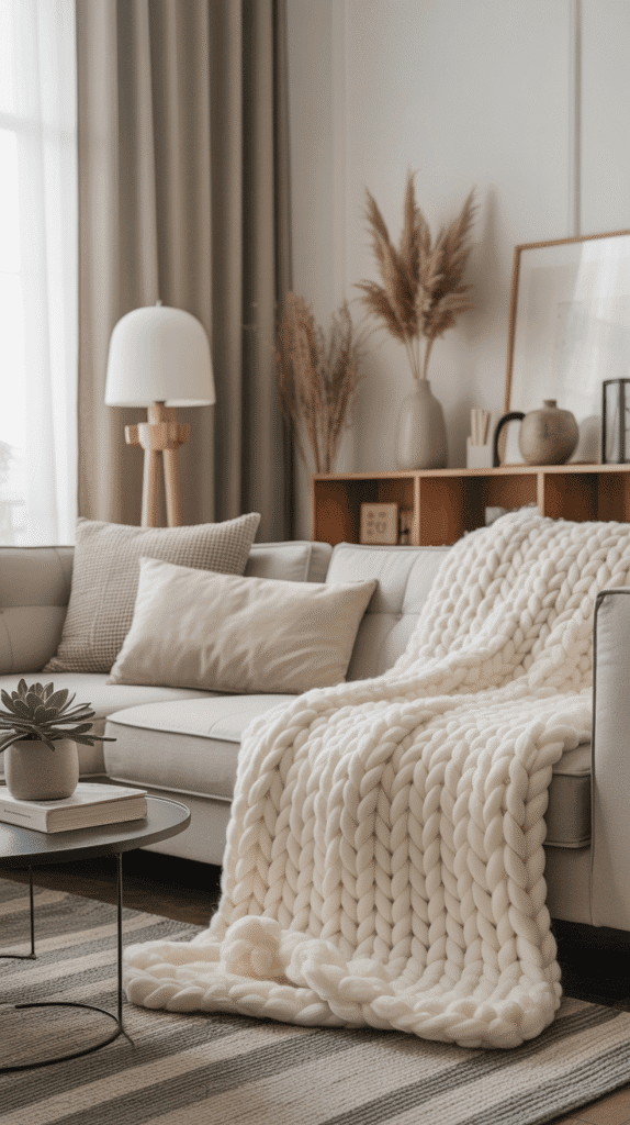 Chunky knit blankets and linen throws adding cozy warmth to japandi interior design living room