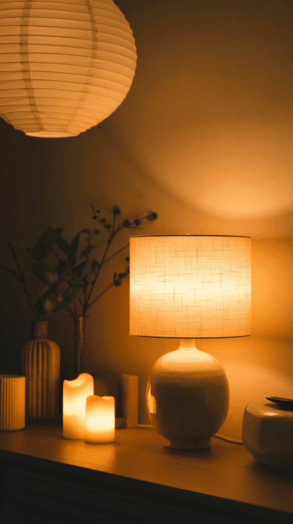 Mindful ambient lighting with ceramic lamps and warm LED bulbs in japandi interior design living room