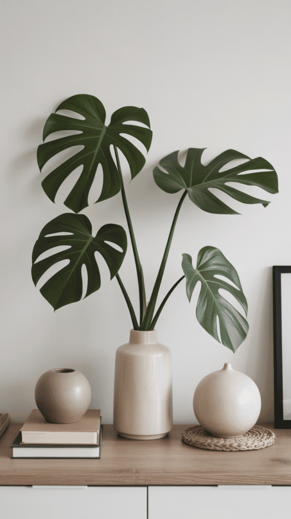 Carefully curated minimal ceramic pieces and statement plant in japandi interior design living room