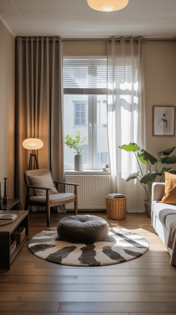 Designated reading nook and meditation corner creating clear zones in japandi interior design living room