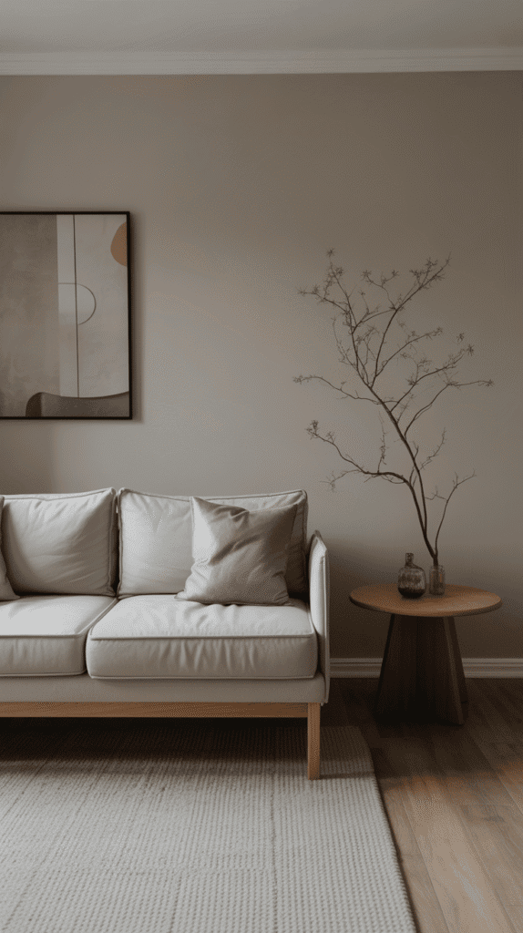 Clean surfaces and intentional empty spaces maintaining visual simplicity in japandi interior design living room