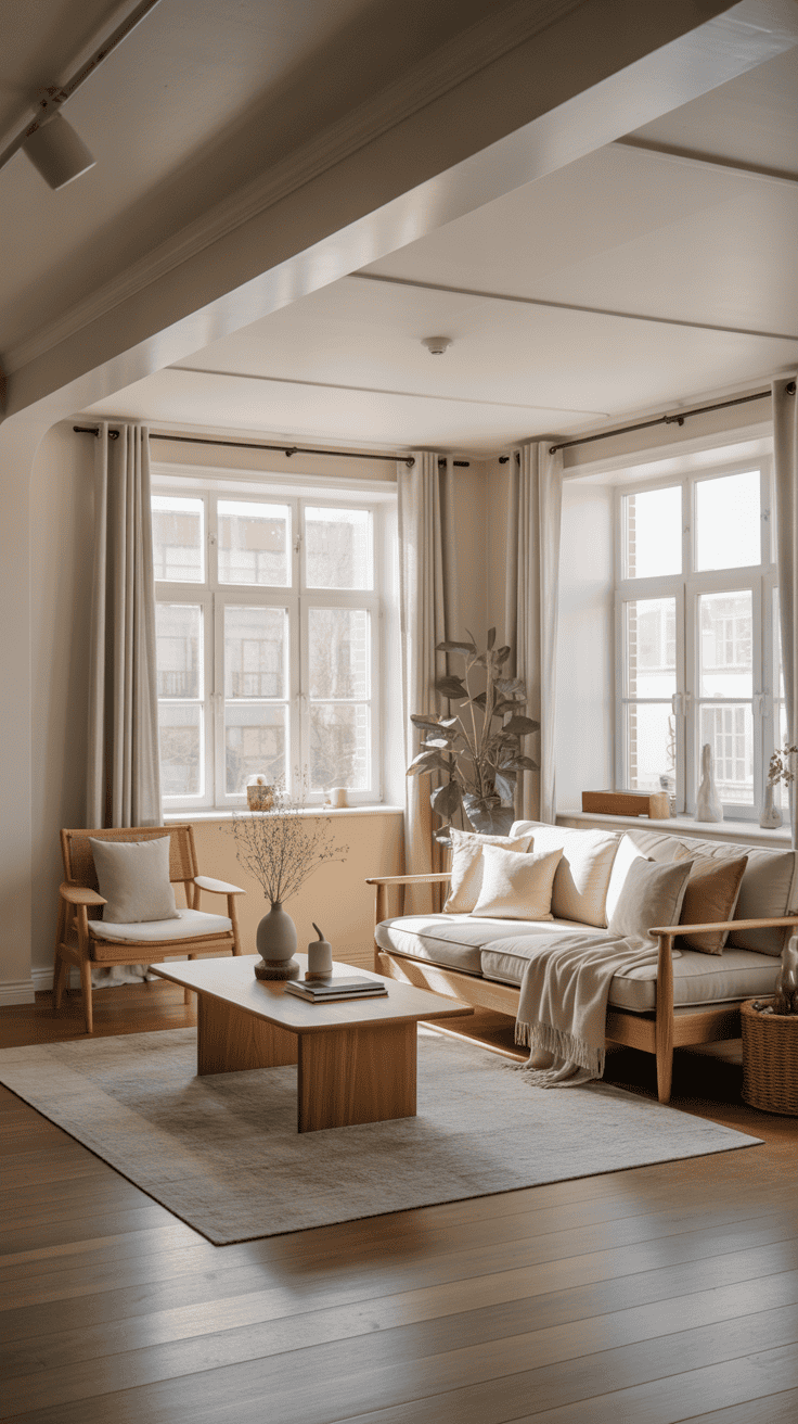 Stunning japandi interior design living room featuring neutral colors, natural materials, and minimalist decor creating a zen-like atmosphere