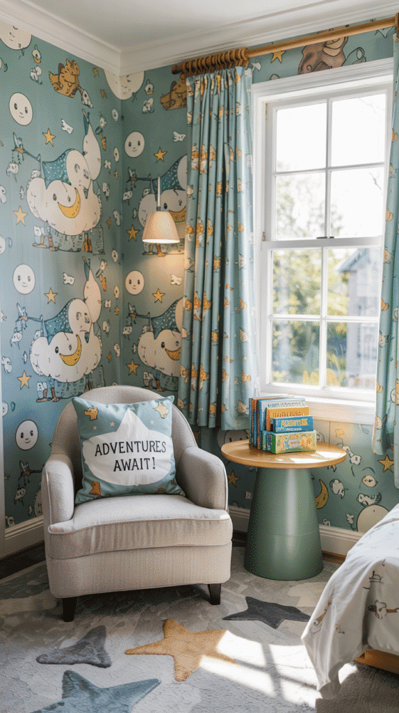 Kids bedroom wallpaper showcasing playful, gender-neutral prints.