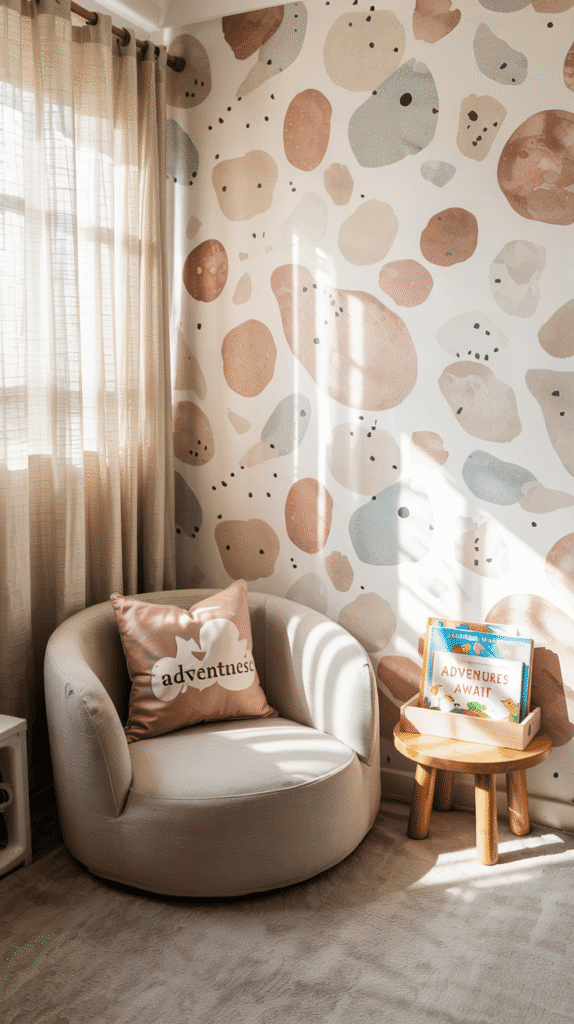 Terrazzo-inspired kids bedroom wallpaper in soft hues.
