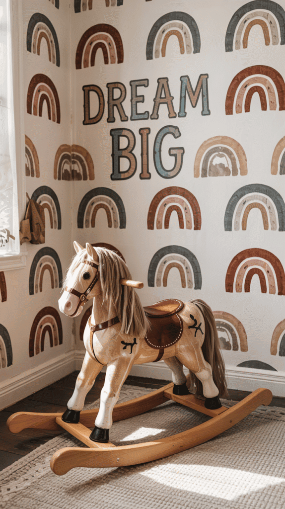 Rainbow-patterned kids bedroom wallpaper with hand-drawn arcs.